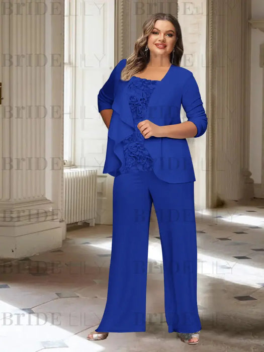 Dark Royal Blue plus size chiffon mother of the bride pantsuit with rosette top