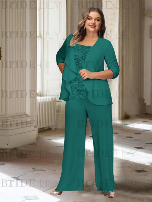 Emerald Green plus size chiffon mother of the bride pantsuit with rosette top