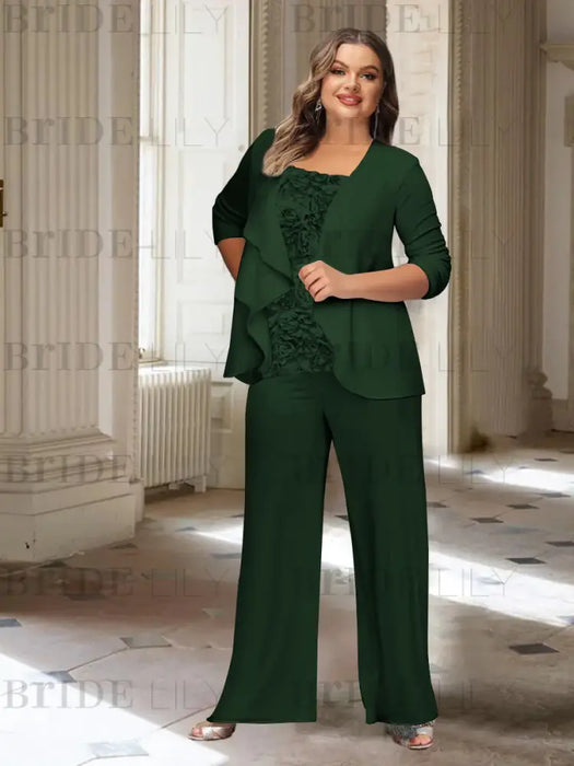Green Black plus size chiffon mother of the bride pantsuit with rosette top