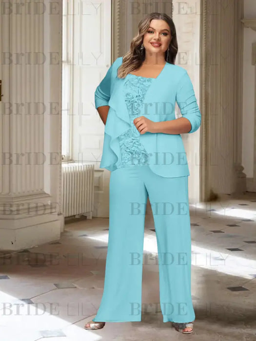 Plus size aqua chiffon pantsuit with a rosette panel and jacket