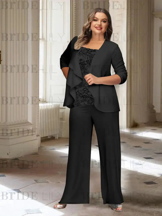 Plus size black chiffon pantsuit with a rosette panel and jacket