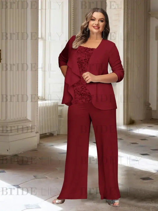 Plus size burgundy chiffon pantsuit with a rosette panel