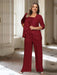 Plus size burgundy chiffon pantsuit with a rosette panel