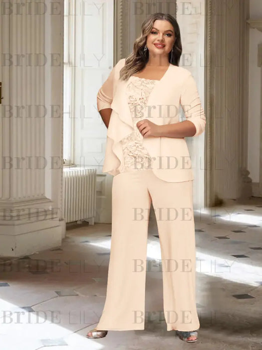 Plus size champagne chiffon pantsuit with a rosette panel