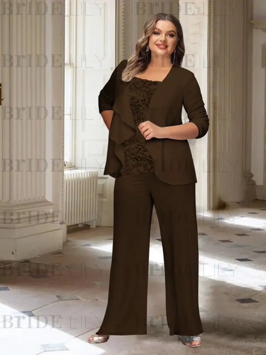 Chocolate plus size chiffon mother of the bride pantsuit with rosette top
