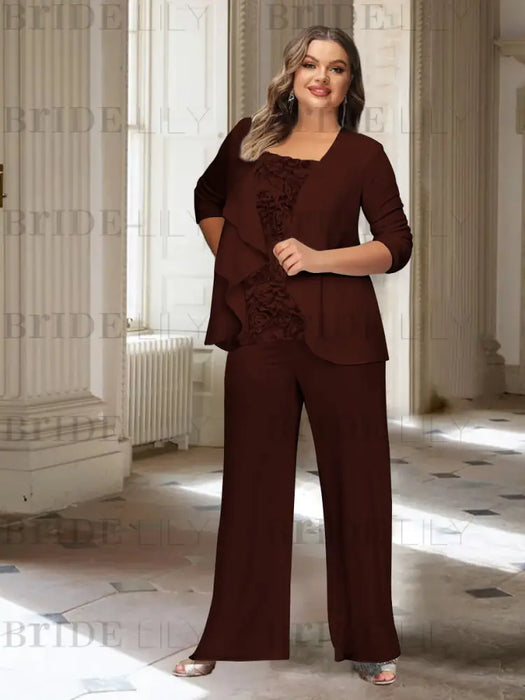 Plus size chocolate chiffon pantsuit with a rosette panel