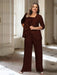 Plus size chocolate chiffon pantsuit with a rosette panel