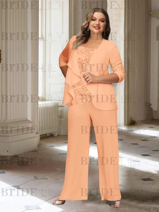 Coral plus size chiffon mother of the bride pantsuit with rosette top