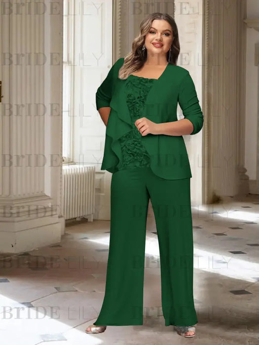 Dark Green plus size chiffon mother of the bride pantsuit with rosette top