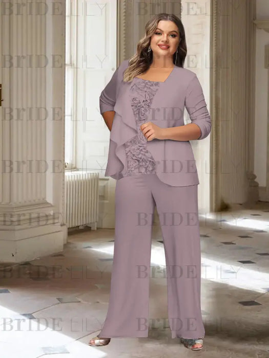 Dusk plus size chiffon mother of the bride pantsuit with rosette top