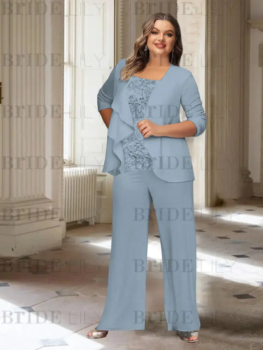 Dusty Blue plus size chiffon mother of the bride pantsuit with rosette top