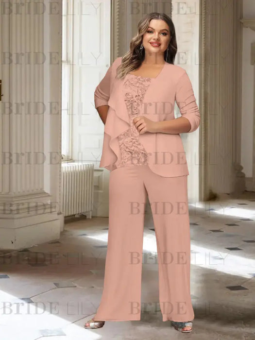 Dusty Rose plus size chiffon mother of the bride pantsuit with rosette top