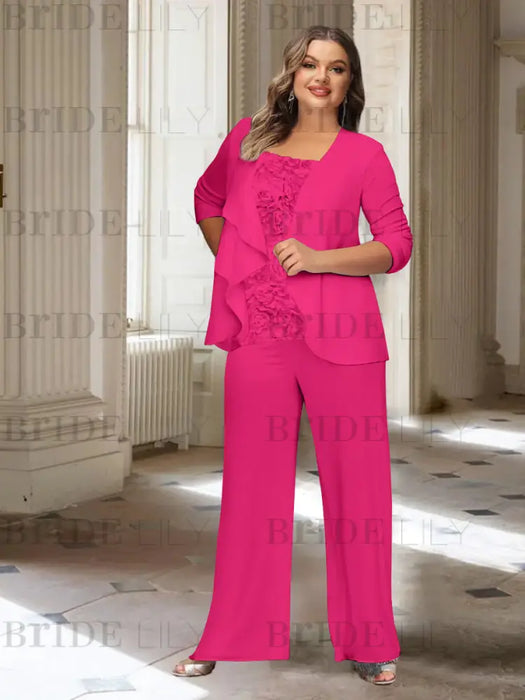 Fuchsia plus size chiffon mother of the bride pantsuit with rosette top
