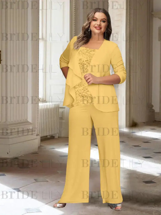 Gold plus size chiffon mother of the bride pantsuit with rosette top
