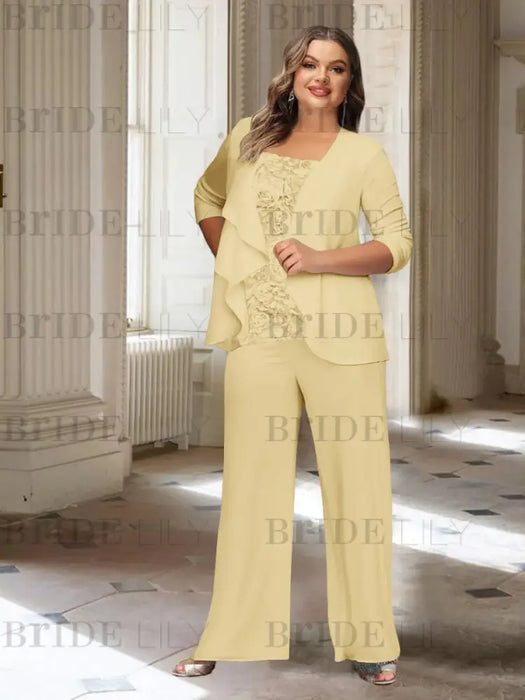 Plus size gold chiffon pantsuit with a rosette panel and jacket