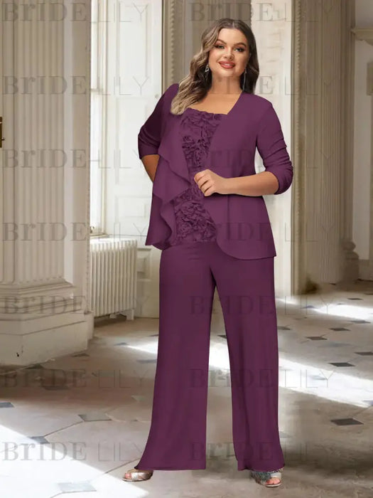 Grape plus size chiffon mother of the bride pantsuit with rosette top