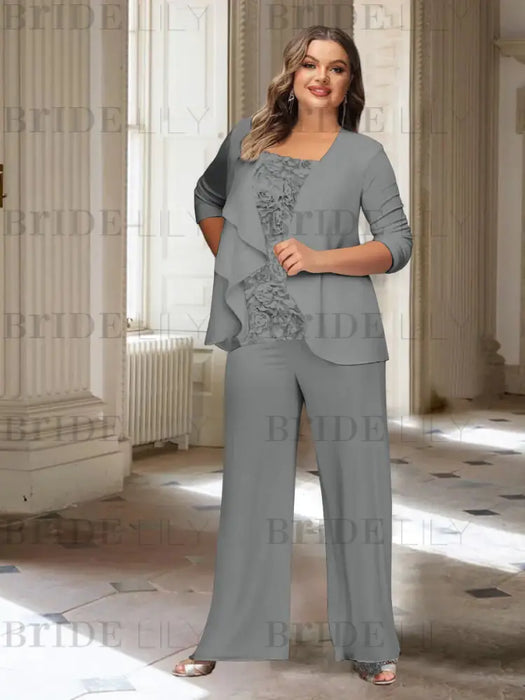 Plus size grey chiffon pantsuit with a rosette panel and jacket