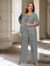 Plus size grey chiffon pantsuit with a rosette panel and jacket