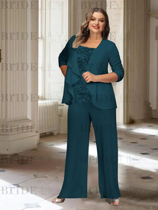 Ink Blue plus size chiffon mother of the bride pantsuit with rosette top