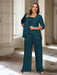 Ink Blue plus size chiffon mother of the bride pantsuit with rosette top