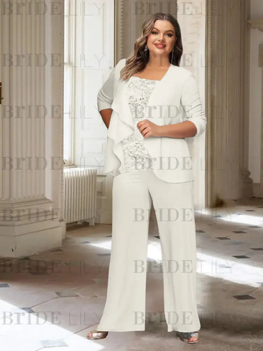 Ivory plus size chiffon mother of the bride pantsuit with rosette top