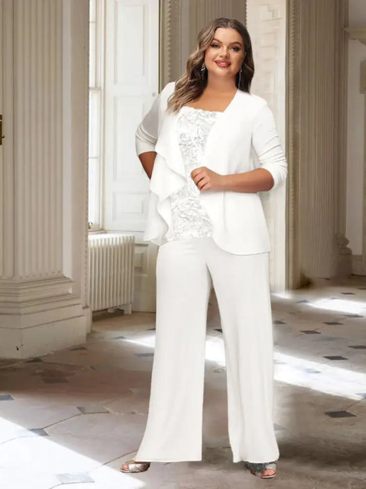 Plus size ivory chiffon pantsuit with a rosette panel and waterfall jacket