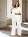 Plus size ivory chiffon pantsuit with a rosette panel and waterfall jacket