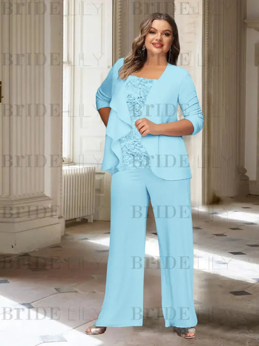 Light Blue plus size chiffon mother of the bride pantsuit with rosette top