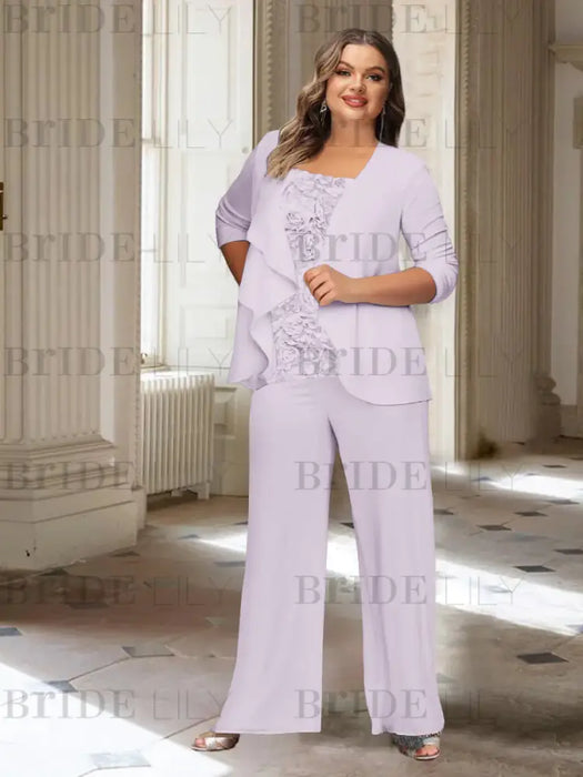 Lilac plus size chiffon mother of the bride pantsuit with rosette top