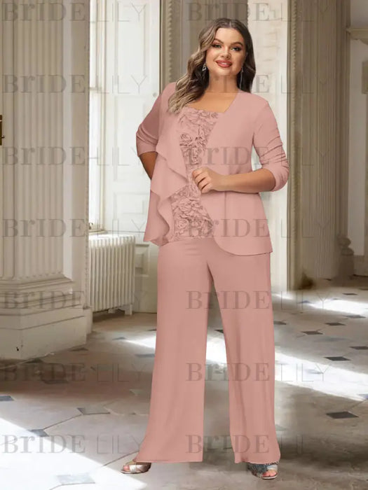 Mauve plus size chiffon mother of the bride pantsuit with rosette top