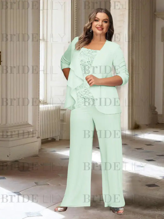 Mist Blue plus size chiffon mother of the bride pantsuit with rosette top