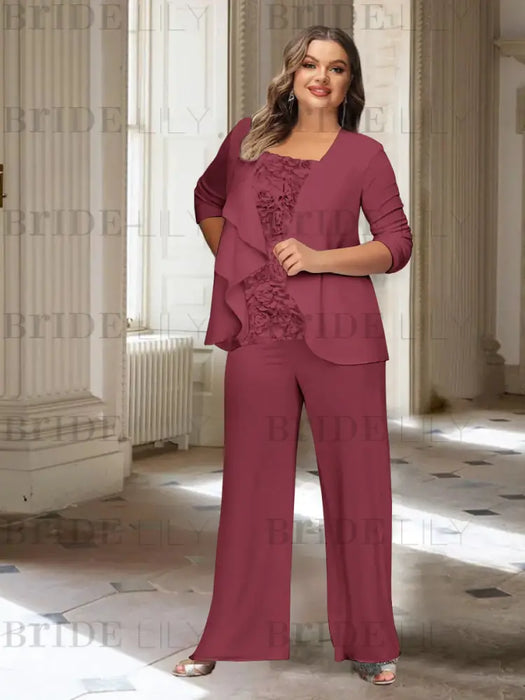 Mulberry plus size chiffon mother of the bride pantsuit with rosette top