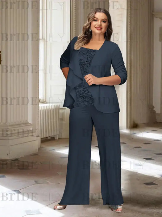 Navy Blue plus size chiffon mother of the bride pantsuit with rosette top