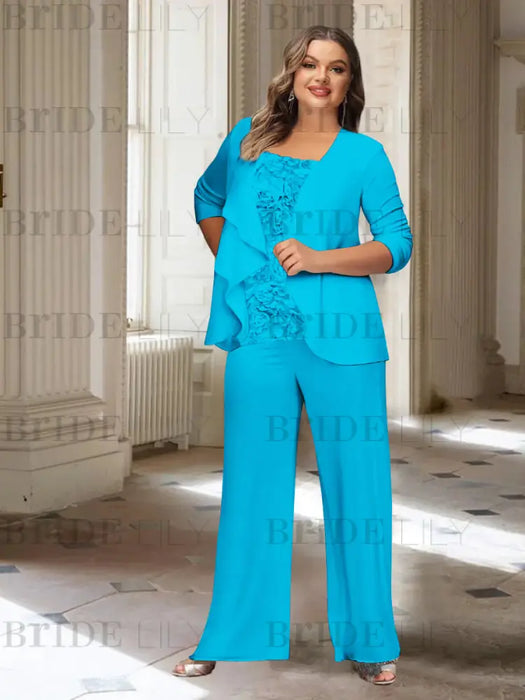 Ocean Blue plus size chiffon mother of the bride pantsuit with rosette top