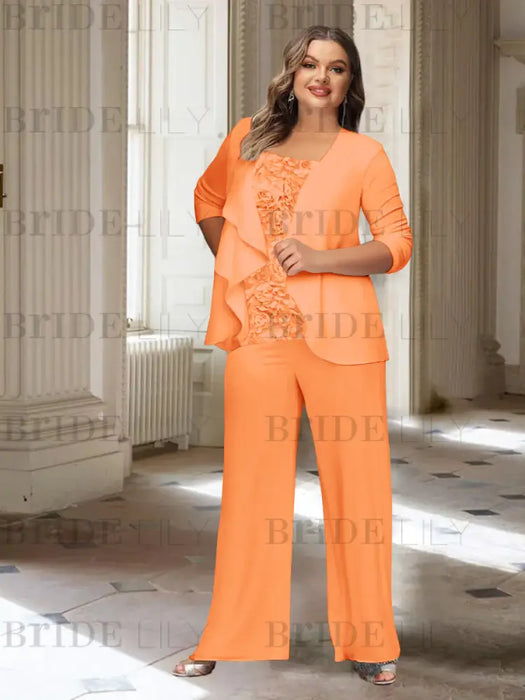 Orange plus size chiffon mother of the bride pantsuit with rosette top
