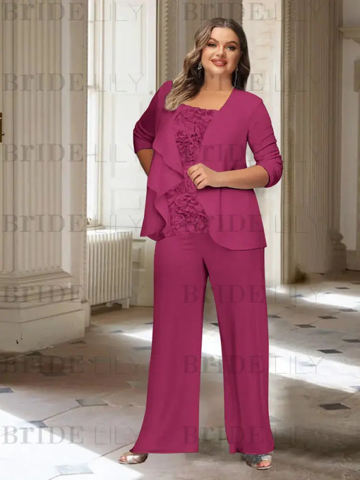 Orchid plus size chiffon mother of the bride pantsuit with rosette top