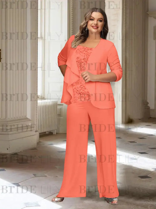 Papaya plus size chiffon mother of the bride pantsuit with rosette top
