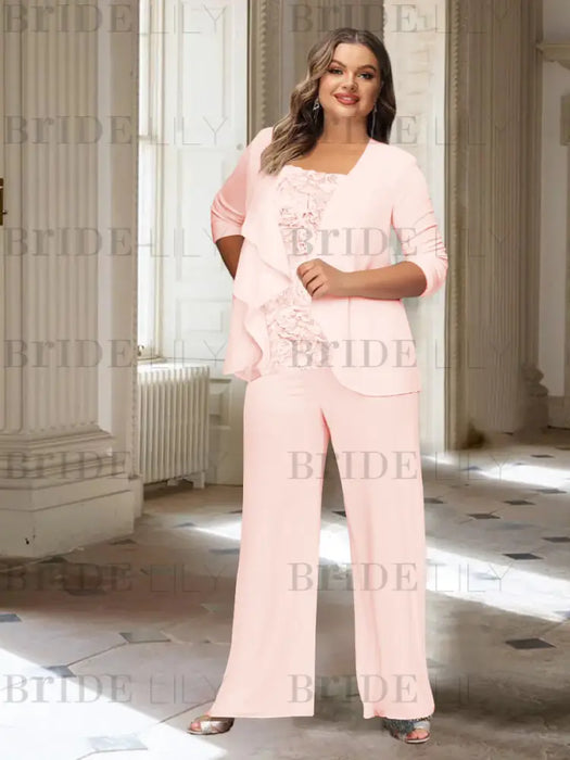 Petal plus size chiffon mother of the bride pantsuit with rosette top