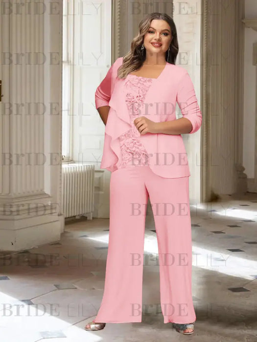 Plus size pink chiffon pantsuit with a rosette panel and jacket