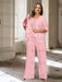 Plus size pink chiffon pantsuit with a rosette panel and jacket