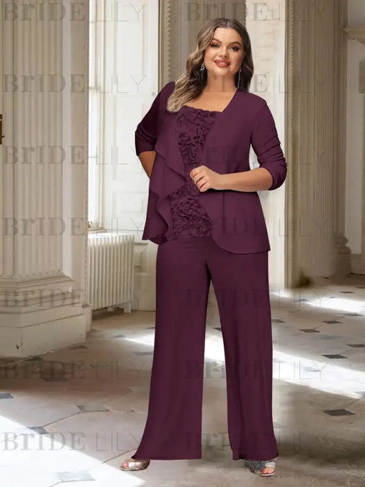 Plum plus size chiffon mother of the bride pantsuit with rosette top