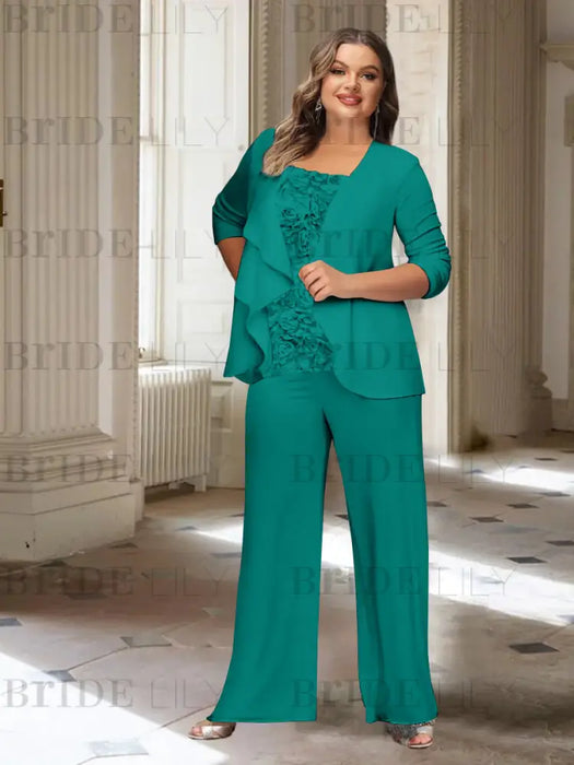 Pool plus size chiffon mother of the bride pantsuit with rosette top
