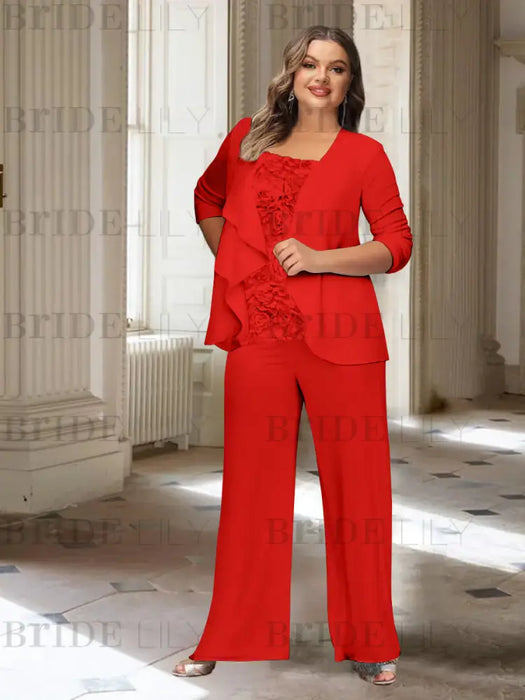 Red plus size chiffon mother of the bride pantsuit with rosette top