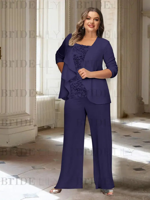 Regency plus size chiffon mother of the bride pantsuit with rosette top
