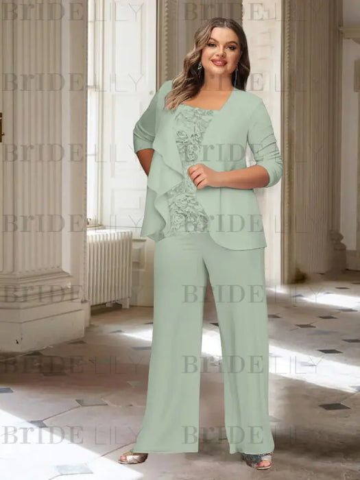 Sage plus size chiffon mother of the bride pantsuit with rosette top