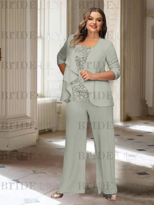 Silver plus size chiffon mother of the bride pantsuit with rosette top
