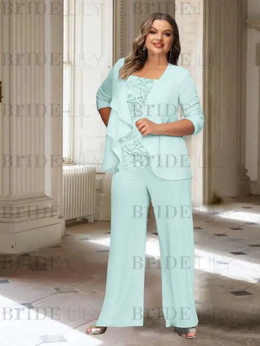 Sky Blue plus size chiffon mother of the bride pantsuit with rosette top