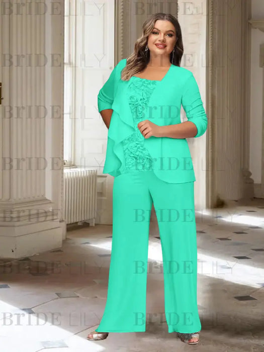 Spa plus size chiffon mother of the bride pantsuit with rosette top