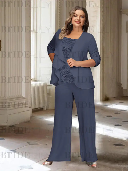Stormy plus size chiffon mother of the bride pantsuit with rosette top