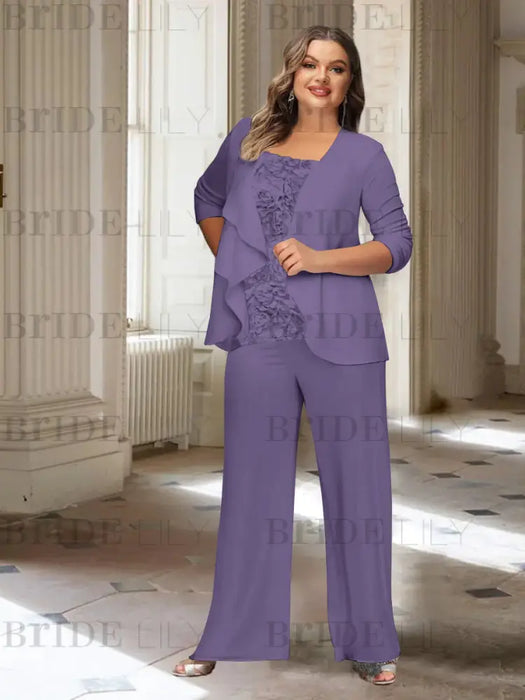 Tahiti plus size chiffon mother of the bride pantsuit with rosette top